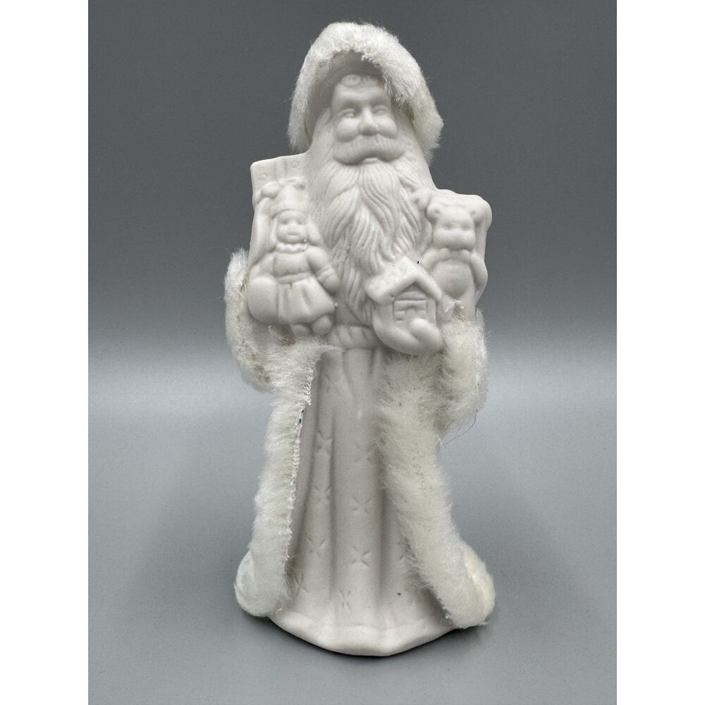 K's Collection Porcelain Winter White Santa w/ Bell & Teddy Bear‎ W/ Faux Fur 7”